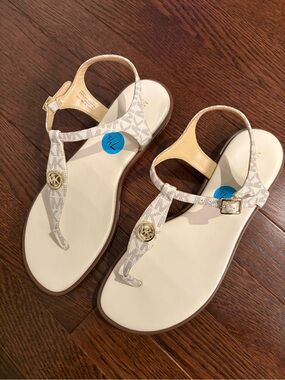 Michael Kors Cream & Beige Logo Thong Sandals with Gold MK Accents